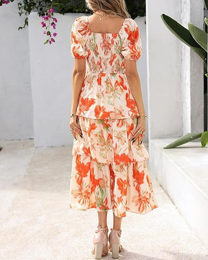 ⏰Sommer-Hot-Sale 50% RABATT💃Damenkleid mit Blumenmuster, eckigem Ausschnitt, Puffärmeln und gerafften Stufen