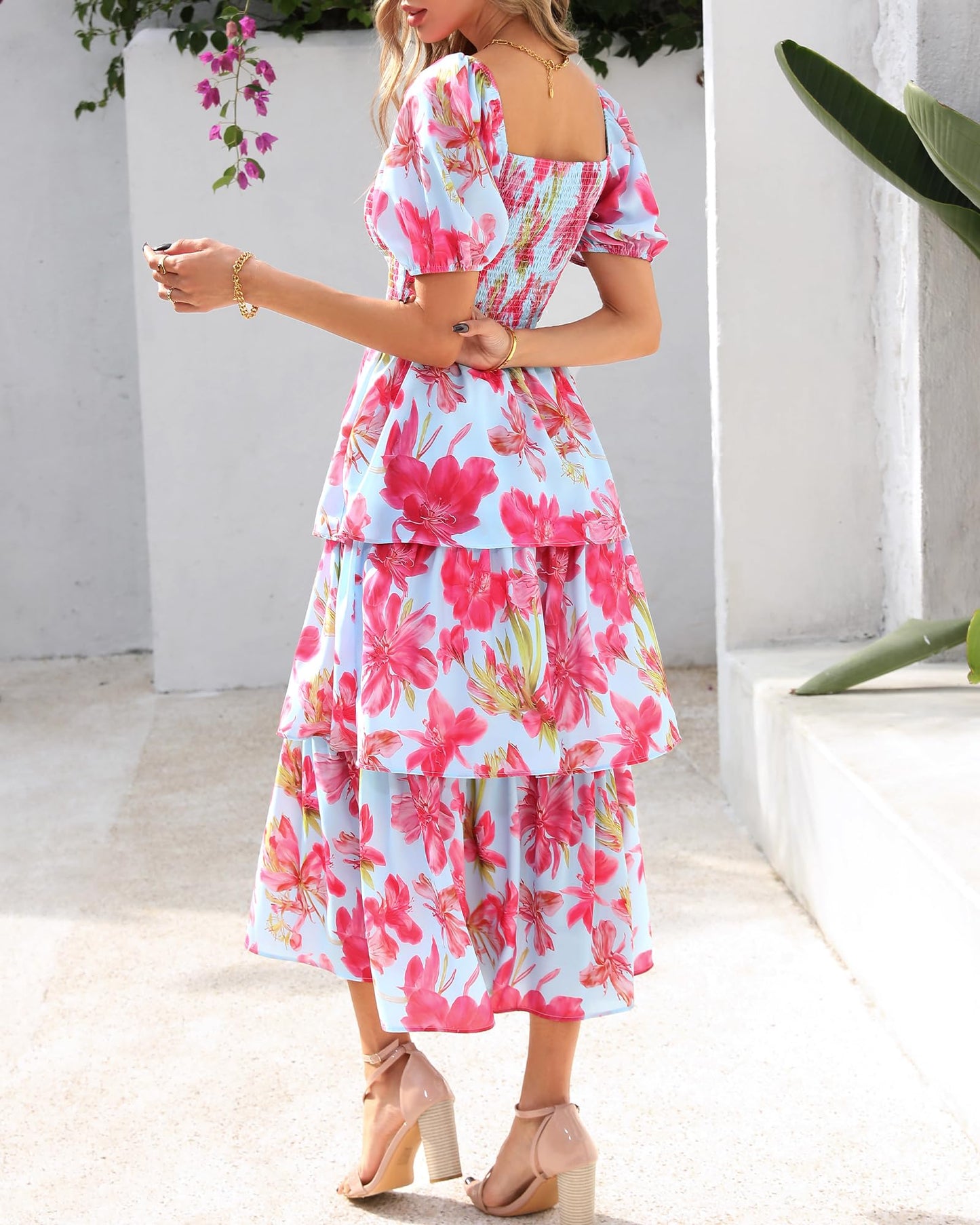 ⏰Sommer-Hot-Sale 50% RABATT💃Damenkleid mit Blumenmuster, eckigem Ausschnitt, Puffärmeln und gerafften Stufen