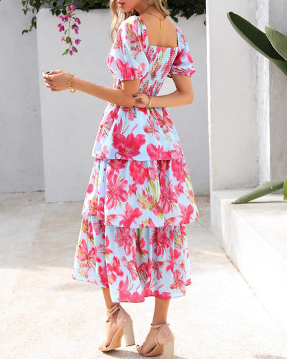 ⏰Sommer-Hot-Sale 50% RABATT💃Damenkleid mit Blumenmuster, eckigem Ausschnitt, Puffärmeln und gerafften Stufen