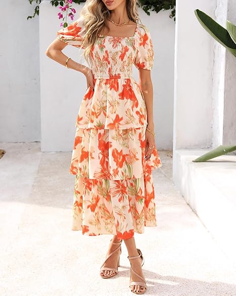 ⏰Sommer-Hot-Sale 50% RABATT💃Damenkleid mit Blumenmuster, eckigem Ausschnitt, Puffärmeln und gerafften Stufen