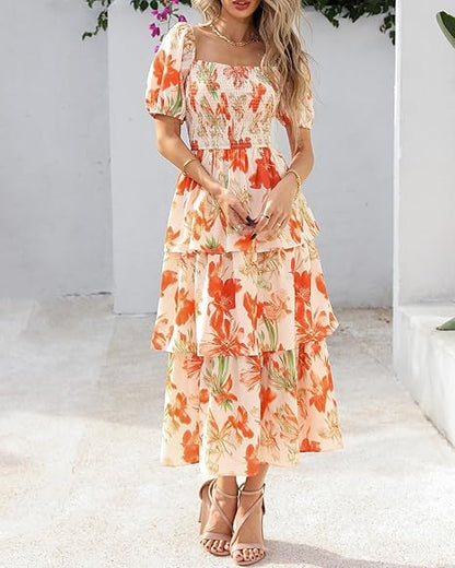 ⏰Sommer-Hot-Sale 50% RABATT💃Damenkleid mit Blumenmuster, eckigem Ausschnitt, Puffärmeln und gerafften Stufen