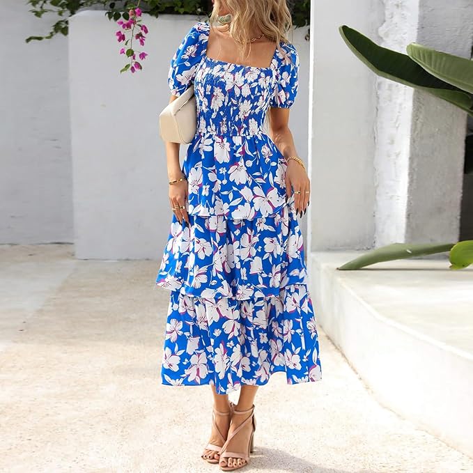 ⏰Sommer-Hot-Sale 50% RABATT💃Damenkleid mit Blumenmuster, eckigem Ausschnitt, Puffärmeln und gerafften Stufen