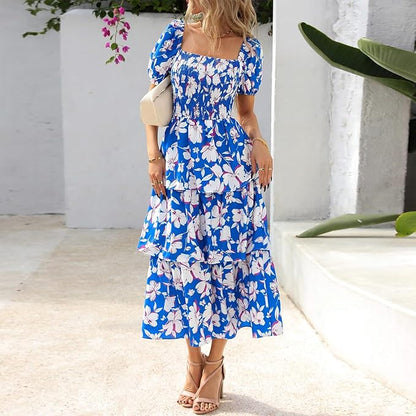 ⏰Sommer-Hot-Sale 50% RABATT💃Damenkleid mit Blumenmuster, eckigem Ausschnitt, Puffärmeln und gerafften Stufen