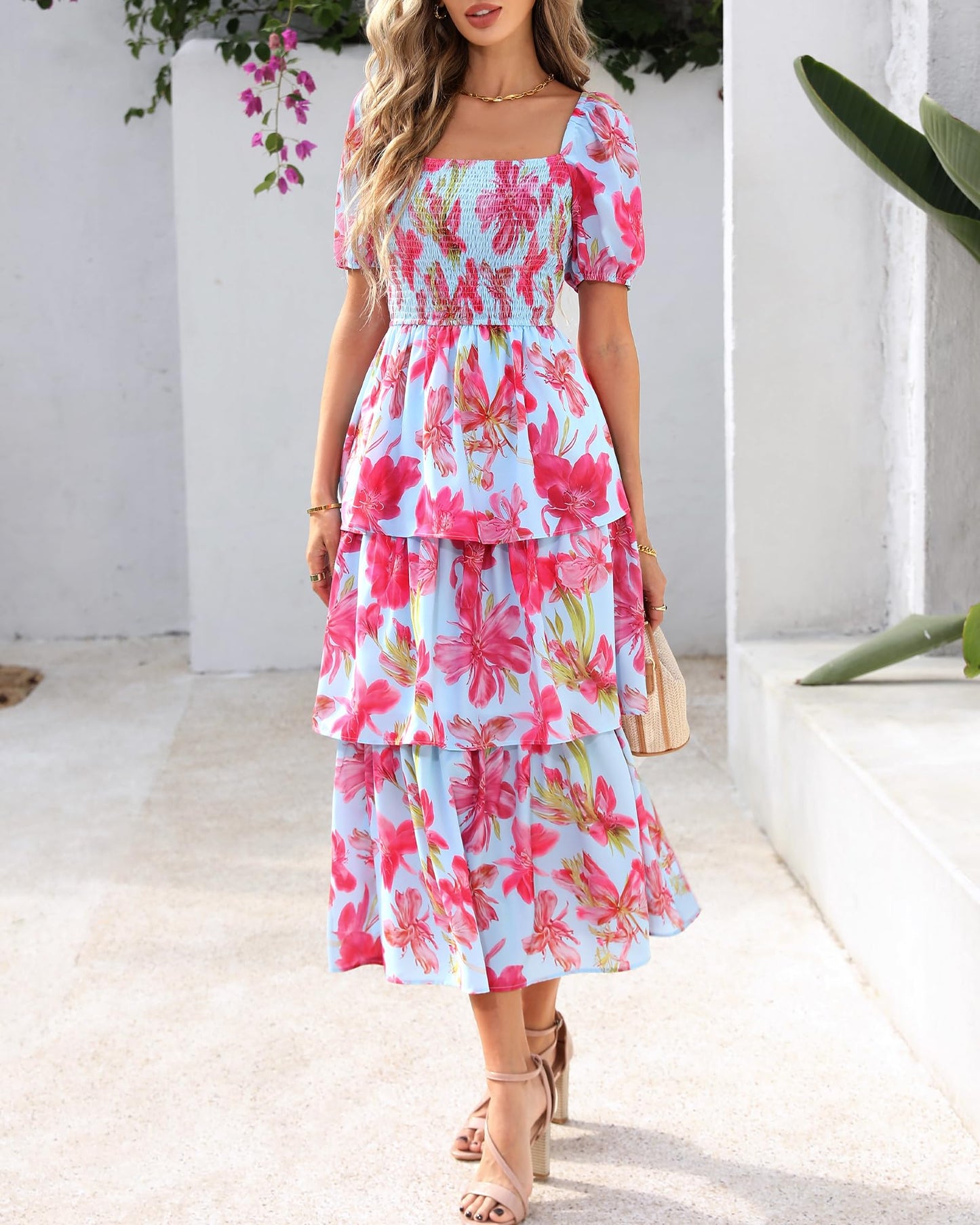 ⏰Sommer-Hot-Sale 50% RABATT💃Damenkleid mit Blumenmuster, eckigem Ausschnitt, Puffärmeln und gerafften Stufen