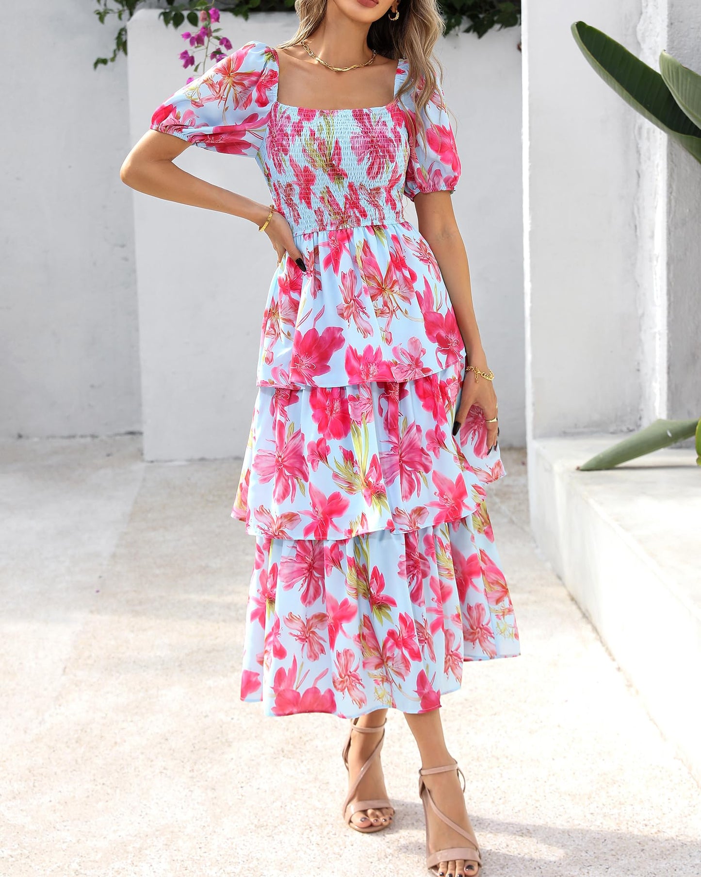 ⏰Sommer-Hot-Sale 50% RABATT💃Damenkleid mit Blumenmuster, eckigem Ausschnitt, Puffärmeln und gerafften Stufen