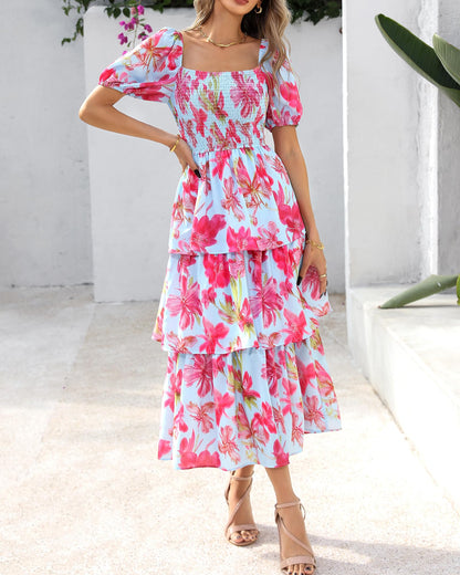 ⏰Sommer-Hot-Sale 50% RABATT💃Damenkleid mit Blumenmuster, eckigem Ausschnitt, Puffärmeln und gerafften Stufen