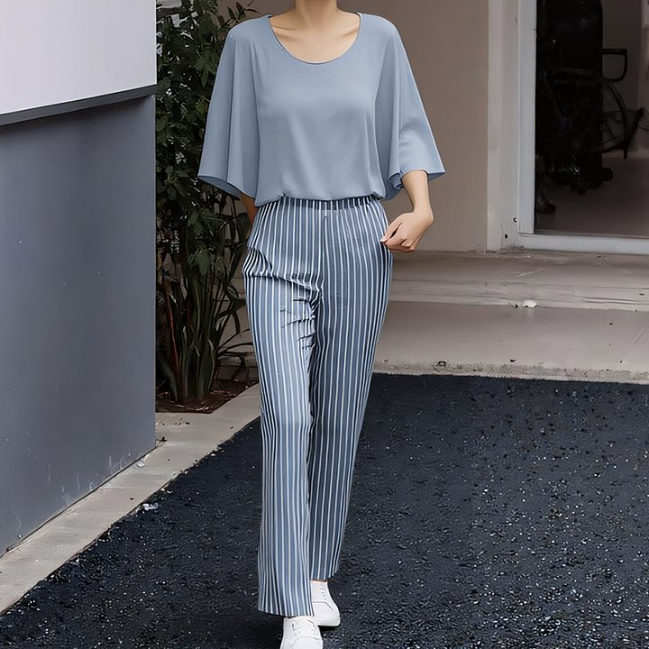 🔥Damen-Set aus bedruckter Hose und Rundhals-Top