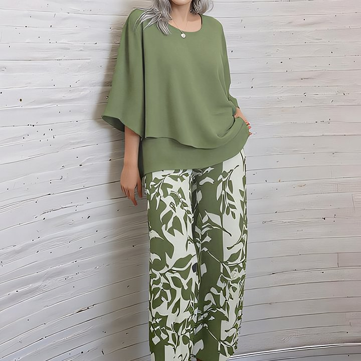 🔥Damen-Set aus bedruckter Hose und Rundhals-Top