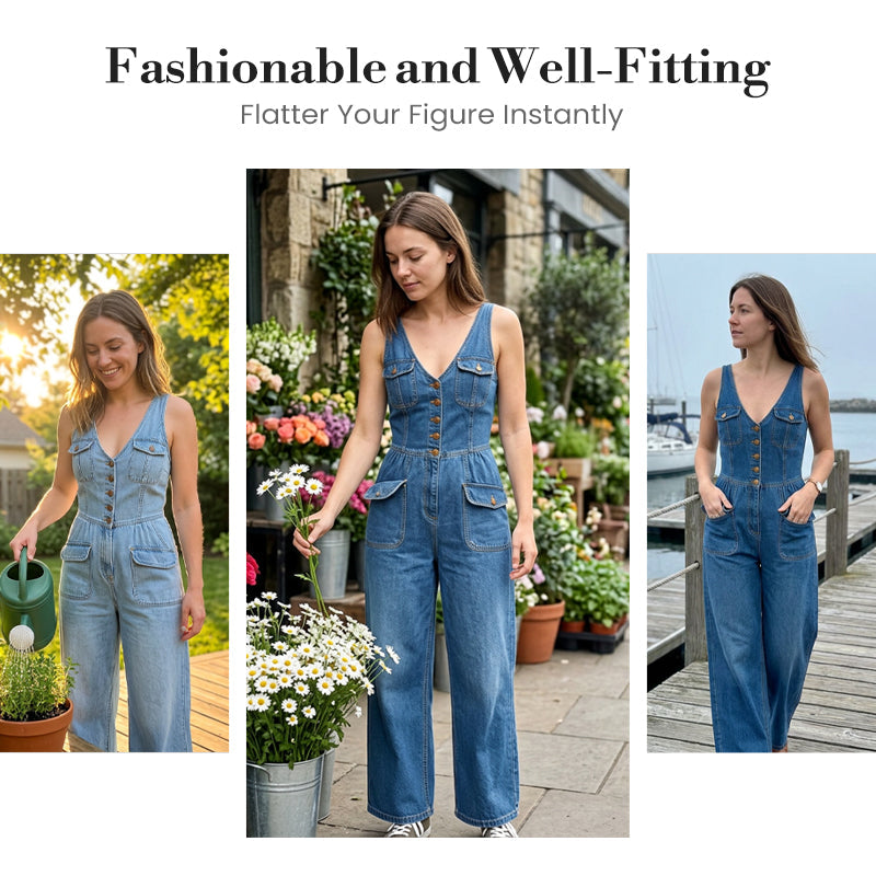 ⏳Zeitlich begrenztes Angebot⏰Damen-Jeans-Jumpsuit – Ärmellos, V-Ausschnitt, weites Bein 💫