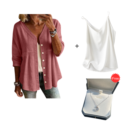 👚Women's V-Neck Lace Trim Button-Down Blouse– Elegant Everyday Top✨