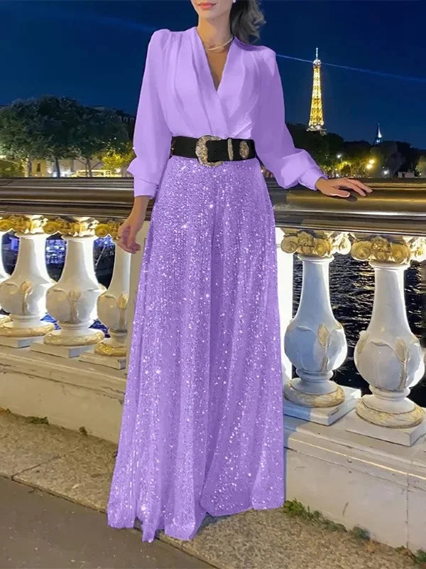 💖⚡Elegante Langarmbluse mit V-Ausschnitt und weiter Pailletten-Jumpsuit-Hose