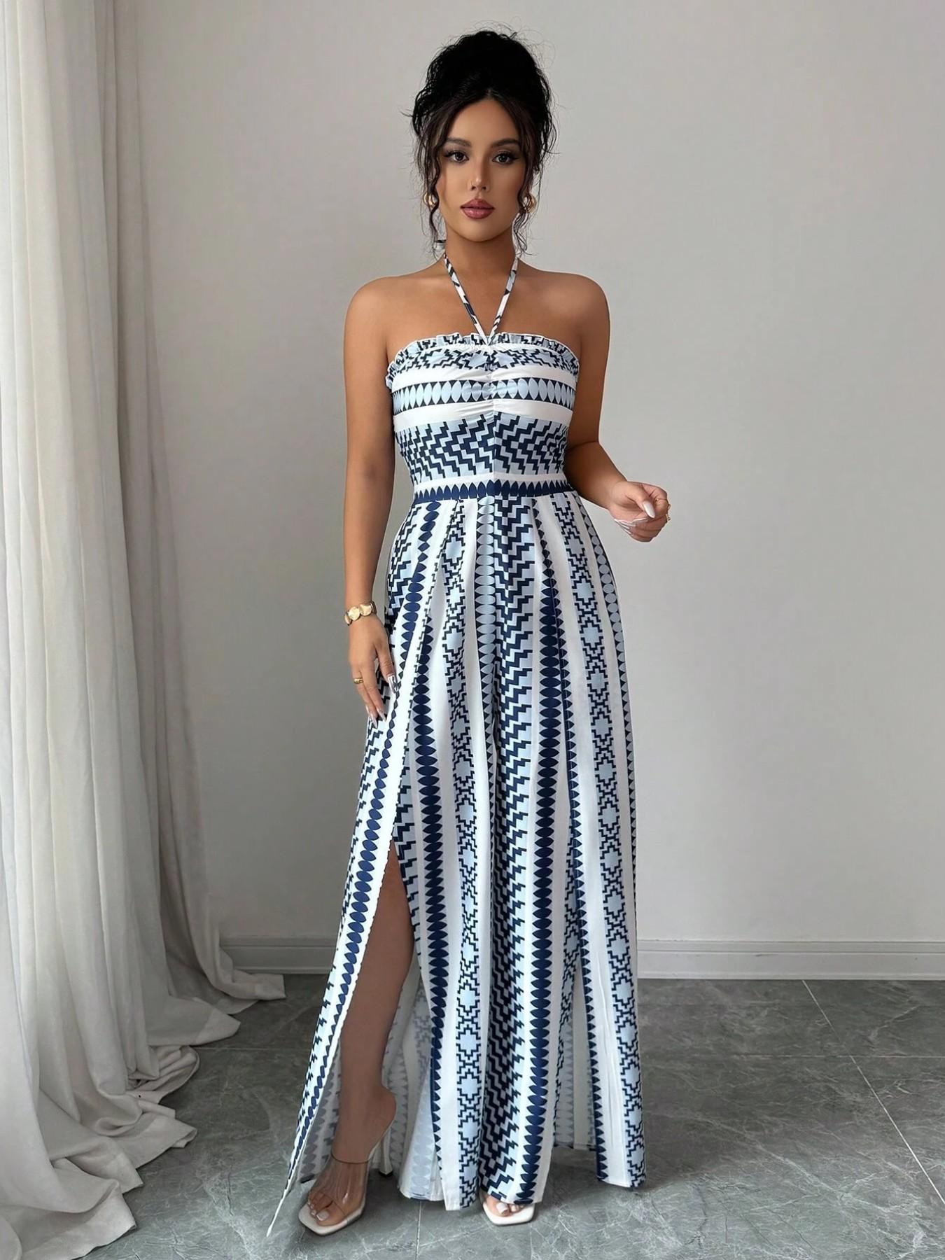 👗 JETZT 50% RABATT!💥Geometrischer Jumpsuit mit Neckholder & Seitenschlitz – Einzigartiger Print & Elastischer Rücken – Vielseitig, perfekt für Sommerpartys oder als Resort Wear ✨