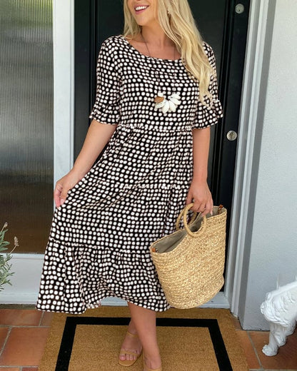 🔥Mega Sale 50% RABATT!!💕Damen Polka Dot Midikleid | Elegantes Rundhals & Atmungsaktives Sommer A-Linien Kleid | Schickes Freizeit Mary Kleid für Strand & Stadtbummel