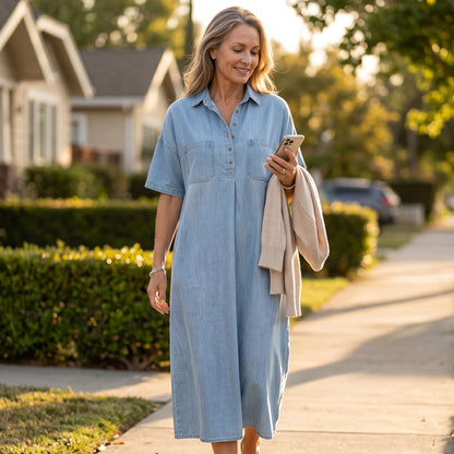 👗 60% OFF NOW! 👖 Casual Pocket Denim Midi Shirt Dress – Soft denim & relaxed fit – Functional pockets, perfect for everyday casual – comfortable and versatile ✨🌸