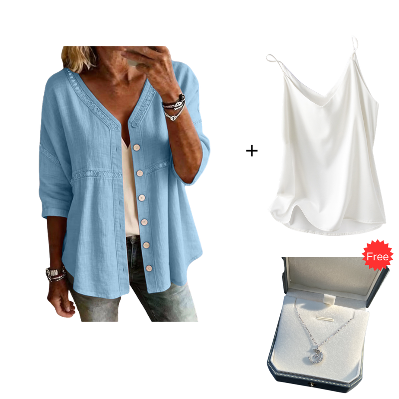 👚Women's V-Neck Lace Trim Button-Down Blouse– Elegant Everyday Top✨