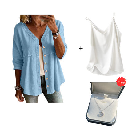👚Women's V-Neck Lace Trim Button-Down Blouse– Elegant Everyday Top✨