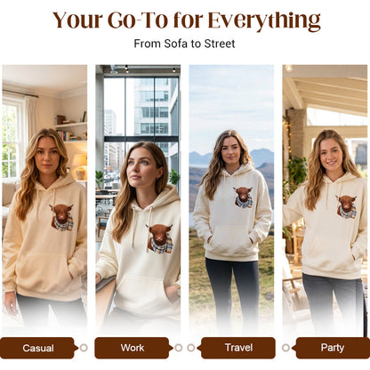 🐮 50% OFF!!🎁Cute Highland Cow Cozy Fleece-Lined Hooded Sweatshirt