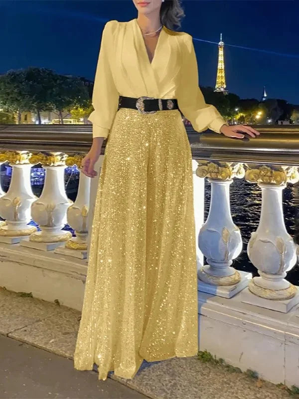 💖⚡Elegante Langarmbluse mit V-Ausschnitt und weiter Pailletten-Jumpsuit-Hose