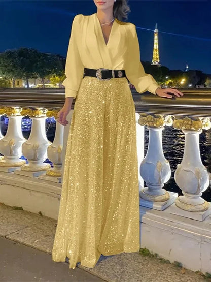💖⚡Elegante Langarmbluse mit V-Ausschnitt und weiter Pailletten-Jumpsuit-Hose