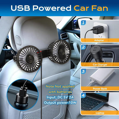 🌞Summer Sale 56% OFF🔥Dual Head USB Car Seat Fan, 3-Speed 360° Rotatable