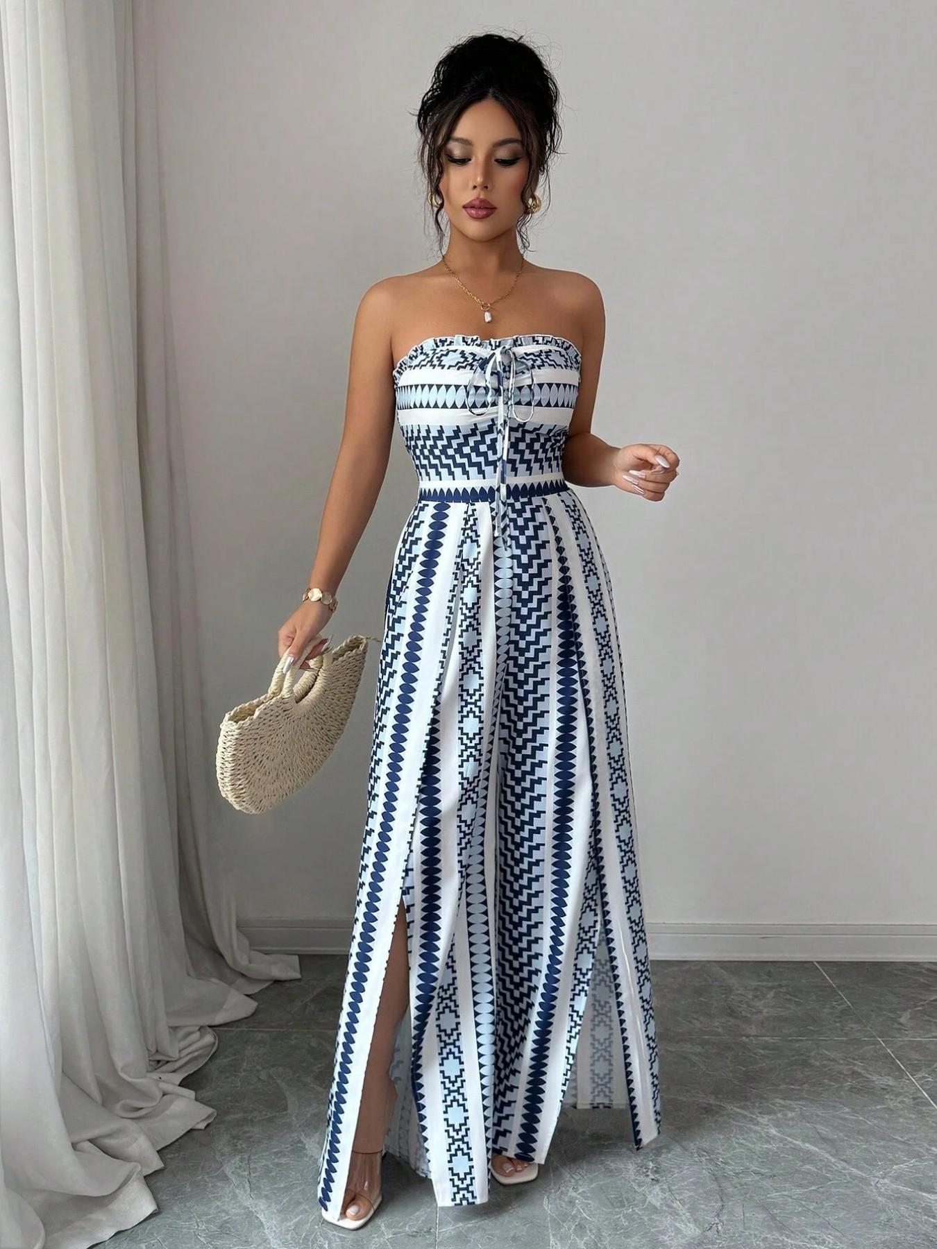 👗 JETZT 50% RABATT!💥Geometrischer Jumpsuit mit Neckholder & Seitenschlitz – Einzigartiger Print & Elastischer Rücken – Vielseitig, perfekt für Sommerpartys oder als Resort Wear ✨