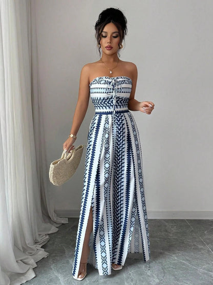 👗 JETZT 50% RABATT!💥Geometrischer Jumpsuit mit Neckholder & Seitenschlitz – Einzigartiger Print & Elastischer Rücken – Vielseitig, perfekt für Sommerpartys oder als Resort Wear ✨