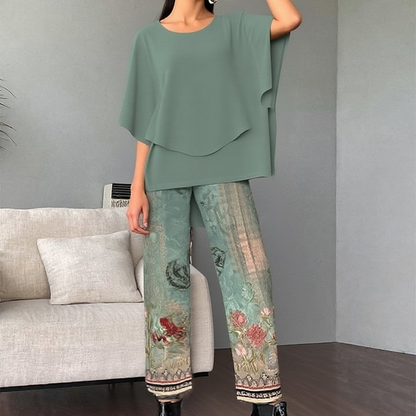 🔥Damen-Set aus bedruckter Hose und Rundhals-Top