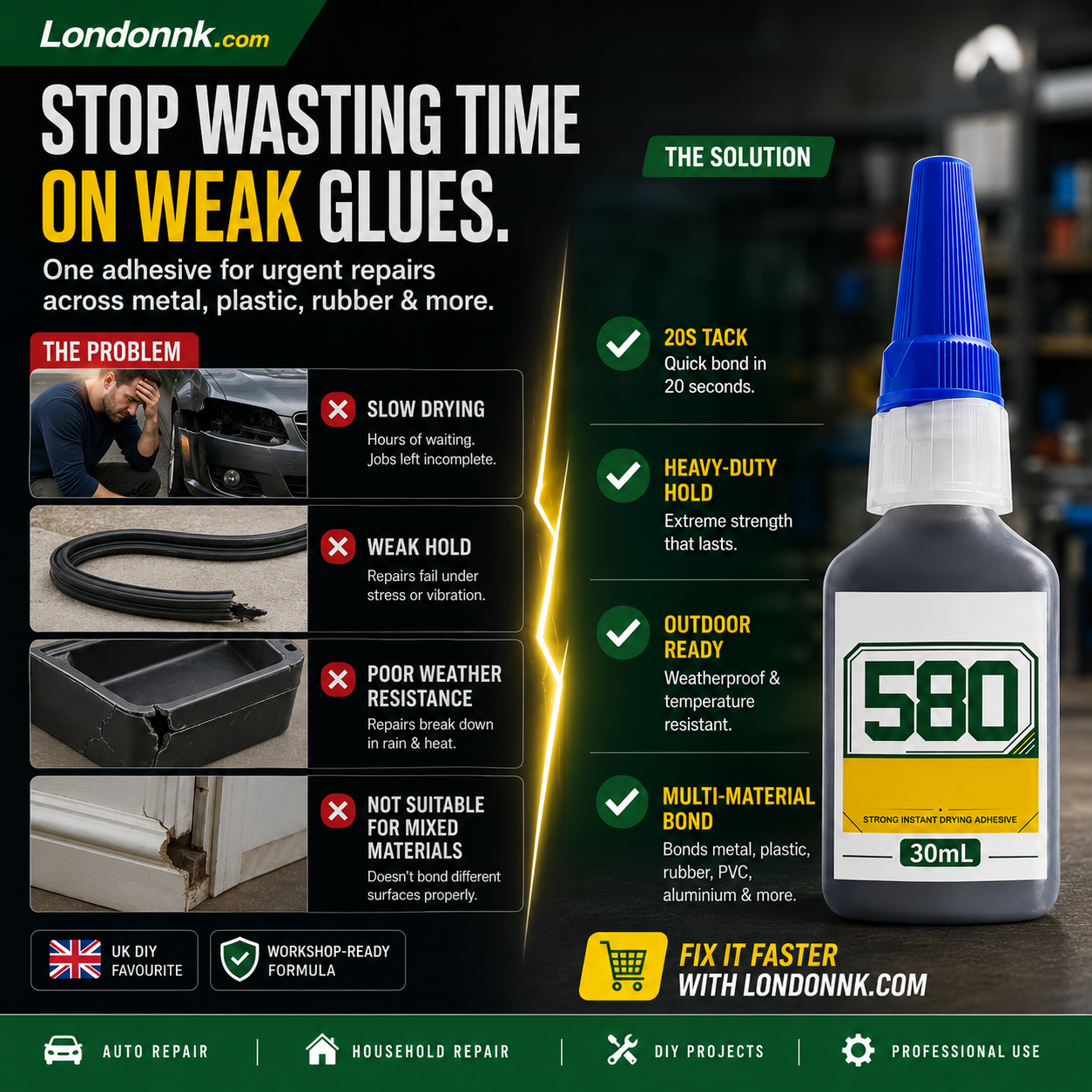🛠️ Instant adhesive – bonds metal, plastic & rubber. 20s curing, weatherproof, shock-resistant. 30ml. 50% OFF! 🔧✨