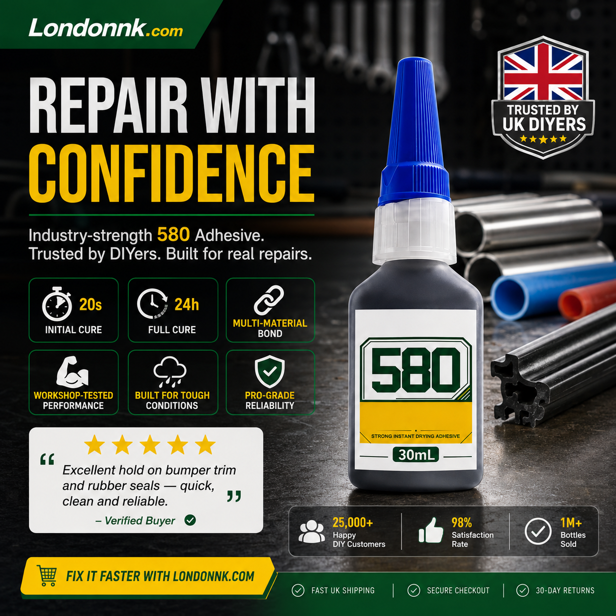 🛠️ Instant adhesive – bonds metal, plastic & rubber. 20s curing, weatherproof, shock-resistant. 30ml. 50% OFF! 🔧✨
