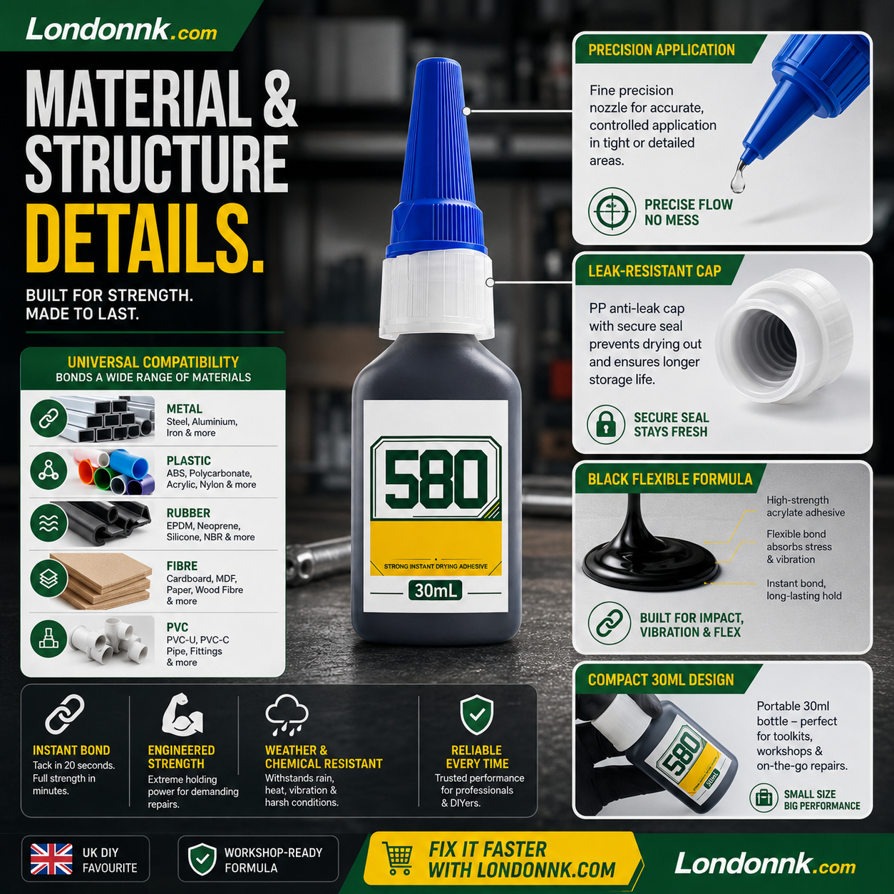 🛠️ Instant adhesive – bonds metal, plastic & rubber. 20s curing, weatherproof, shock-resistant. 30ml. 50% OFF! 🔧✨