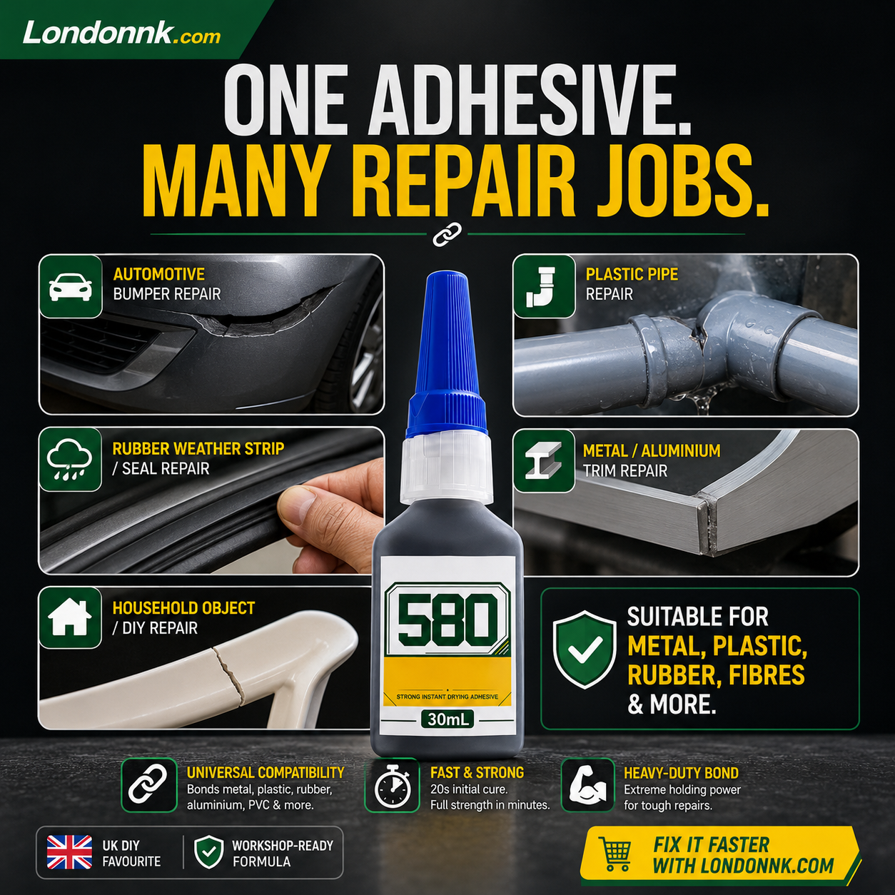 🛠️ Instant adhesive – bonds metal, plastic & rubber. 20s curing, weatherproof, shock-resistant. 30ml. 50% OFF! 🔧✨