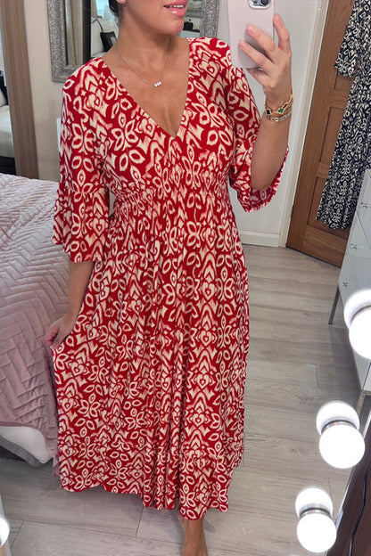 🔥Heißer Verkauf – 50% RABATT ✨ Langes Freizeitkleid mit V-Ausschnitt und Print – Mühelose Eleganz für sonnige Tage & besondere Momente 🌸