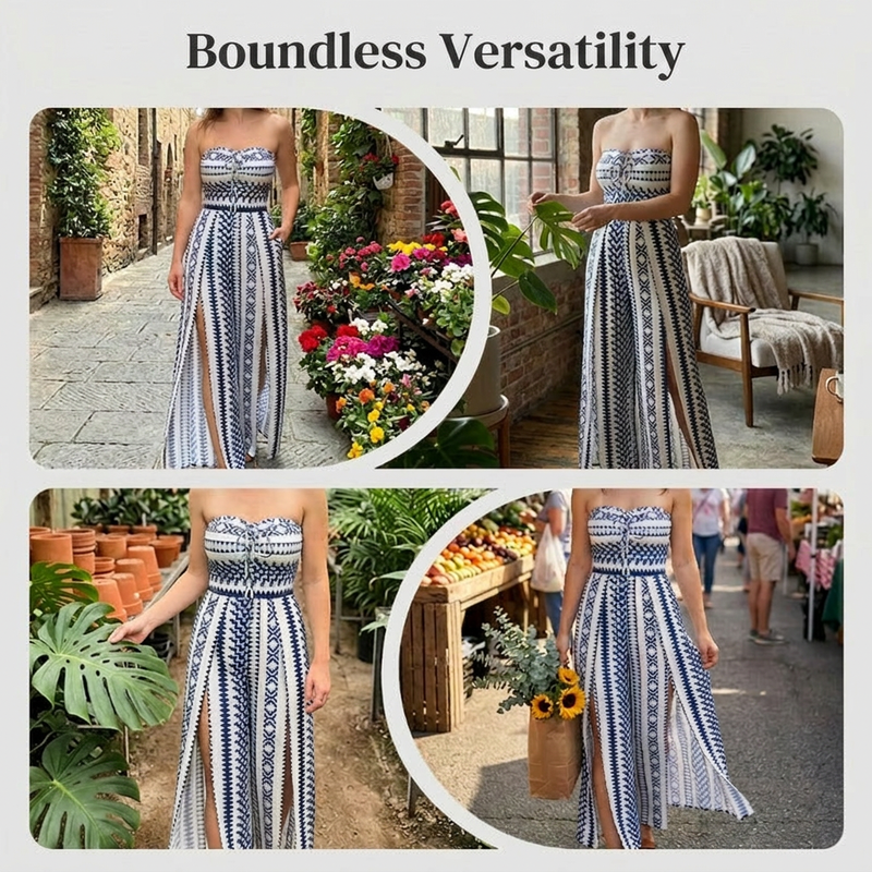 👗 JETZT 50% RABATT!💥Geometrischer Jumpsuit mit Neckholder & Seitenschlitz – Einzigartiger Print & Elastischer Rücken – Vielseitig, perfekt für Sommerpartys oder als Resort Wear ✨