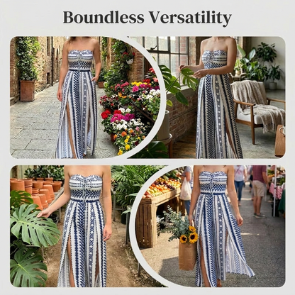 👗 JETZT 50% RABATT!💥Geometrischer Jumpsuit mit Neckholder & Seitenschlitz – Einzigartiger Print & Elastischer Rücken – Vielseitig, perfekt für Sommerpartys oder als Resort Wear ✨