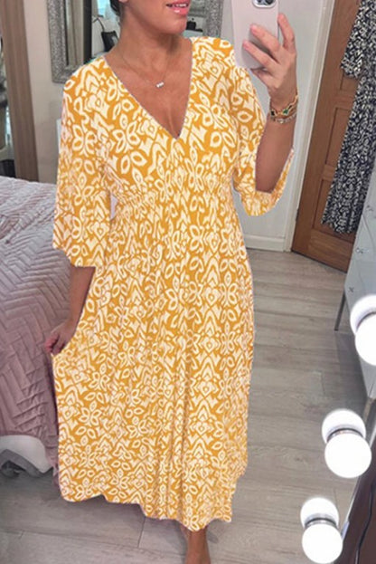 🔥Heißer Verkauf – 50% RABATT ✨ Langes Freizeitkleid mit V-Ausschnitt und Print – Mühelose Eleganz für sonnige Tage & besondere Momente 🌸