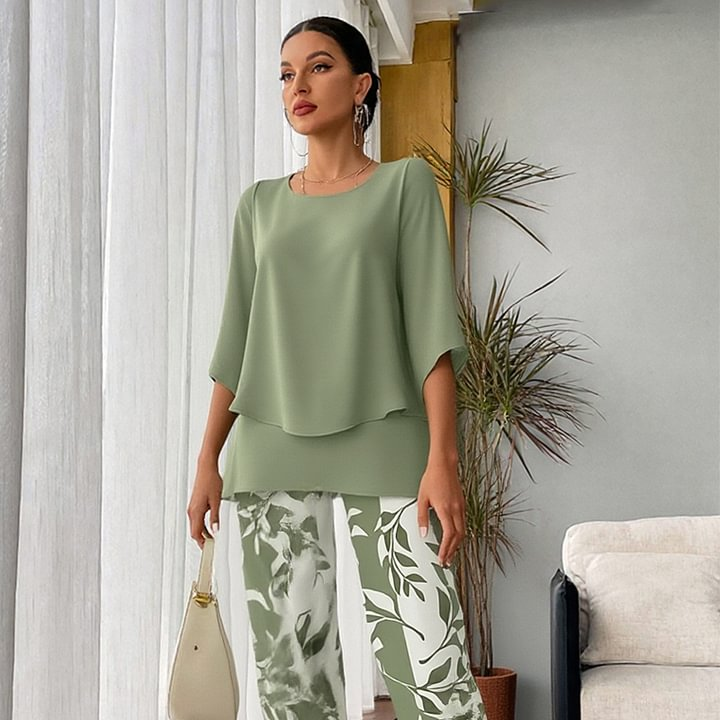 🔥Damen-Set aus bedruckter Hose und Rundhals-Top