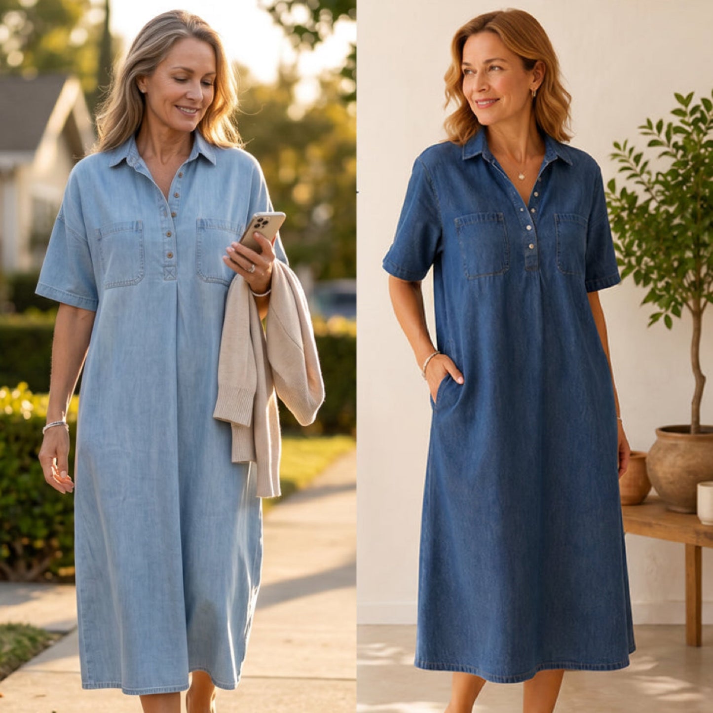 👗 60% OFF NOW! 👖 Casual Pocket Denim Midi Shirt Dress – Soft denim & relaxed fit – Functional pockets, perfect for everyday casual – comfortable and versatile ✨🌸