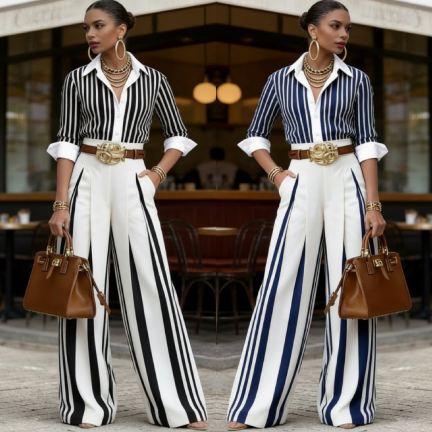 📢📢50% OFF !! ⏰✨ Sleek, Stylish, And Effortlessly Chic – Women's Striped Shirt & Wide-Leg Pants 2-Piece Set