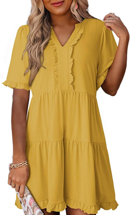 🔥🔥2026 Summer Hot Sale 49% OFF🌈Women's V Neck Ruffle Casual A-Line Flowy Swing Shift Dress