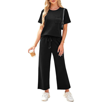 🌸Summer Hot Sale 50% OFF💖Women's Casual Short Sleeve Wide Leg Crop Pants Lounge Set