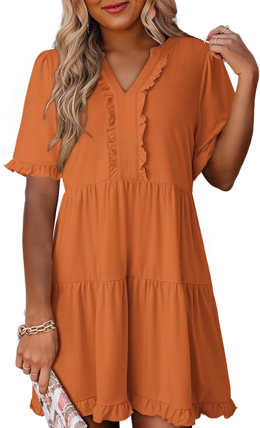 🔥🔥2026 Summer Hot Sale 49% OFF🌈Women's V Neck Ruffle Casual A-Line Flowy Swing Shift Dress