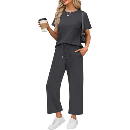🌸Summer Hot Sale 50% OFF💖Women's Casual Short Sleeve Wide Leg Crop Pants Lounge Set