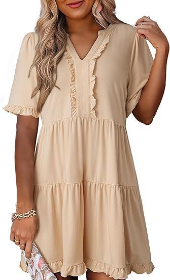 🔥🔥2026 Summer Hot Sale 49% OFF🌈Women's V Neck Ruffle Casual A-Line Flowy Swing Shift Dress
