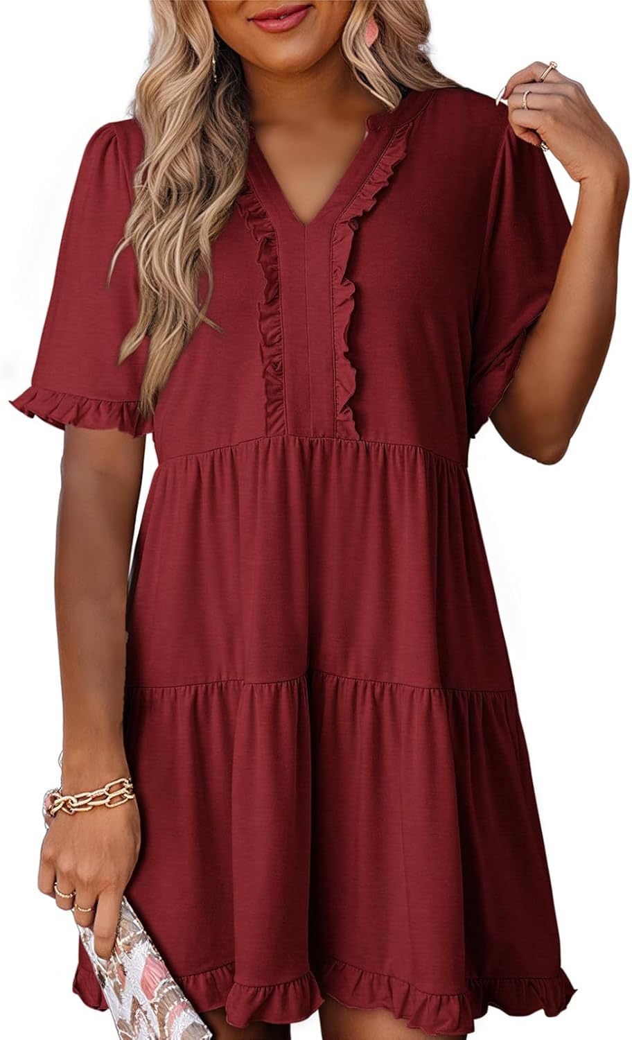 🔥🔥2026 Summer Hot Sale 49% OFF🌈Women's V Neck Ruffle Casual A-Line Flowy Swing Shift Dress