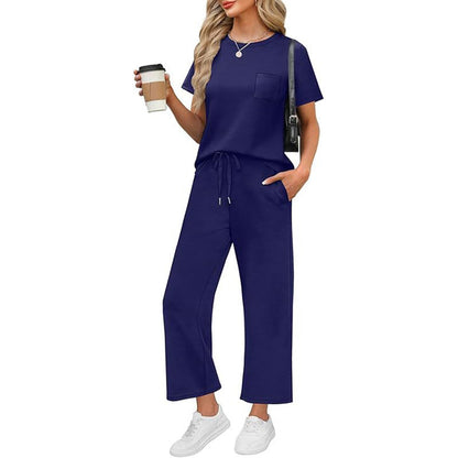 🌸Summer Hot Sale 50% OFF💖Women's Casual Short Sleeve Wide Leg Crop Pants Lounge Set