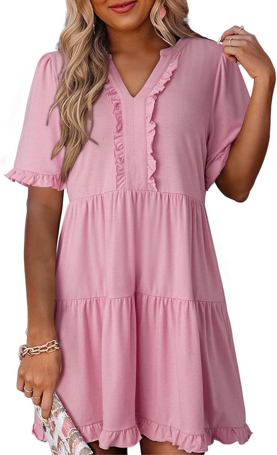 🔥🔥2026 Summer Hot Sale 49% OFF🌈Women's V Neck Ruffle Casual A-Line Flowy Swing Shift Dress