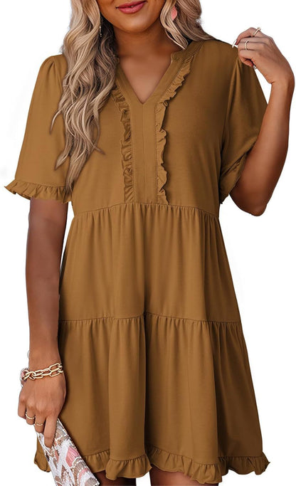 🔥🔥2026 Summer Hot Sale 49% OFF🌈Women's V Neck Ruffle Casual A-Line Flowy Swing Shift Dress