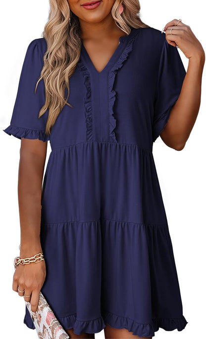 🔥🔥2026 Summer Hot Sale 49% OFF🌈Women's V Neck Ruffle Casual A-Line Flowy Swing Shift Dress