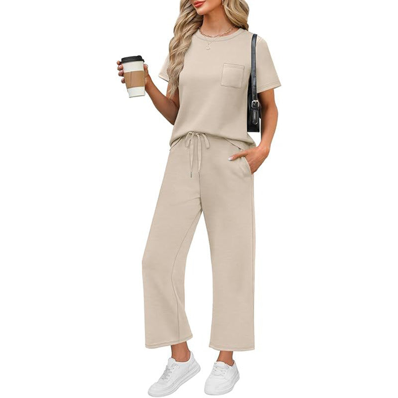 🌸Summer Hot Sale 50% OFF💖Women's Casual Short Sleeve Wide Leg Crop Pants Lounge Set