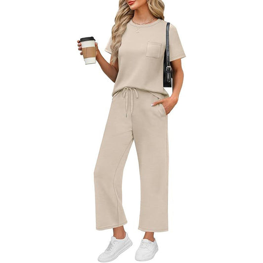 🌸Summer Hot Sale 50% OFF💖Women's Casual Short Sleeve Wide Leg Crop Pants Lounge Set